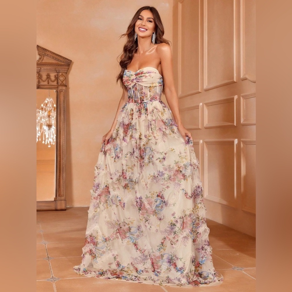 Faeriesty Ruched Bustier Ruffle Trim Hem Floral Print Tube Dress